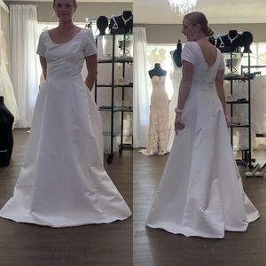 Modest Satin Bridal Gown short sleeve empire Aline